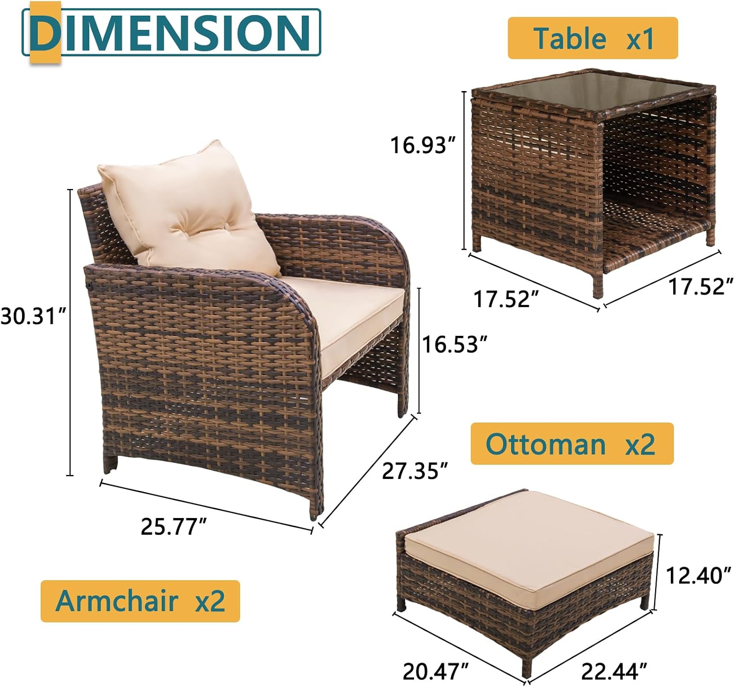 5 Pieces Patio Chairs Set with Ottomans, All Weather PE Rattan, Outdoor Conversation Furniture with Table, Beige