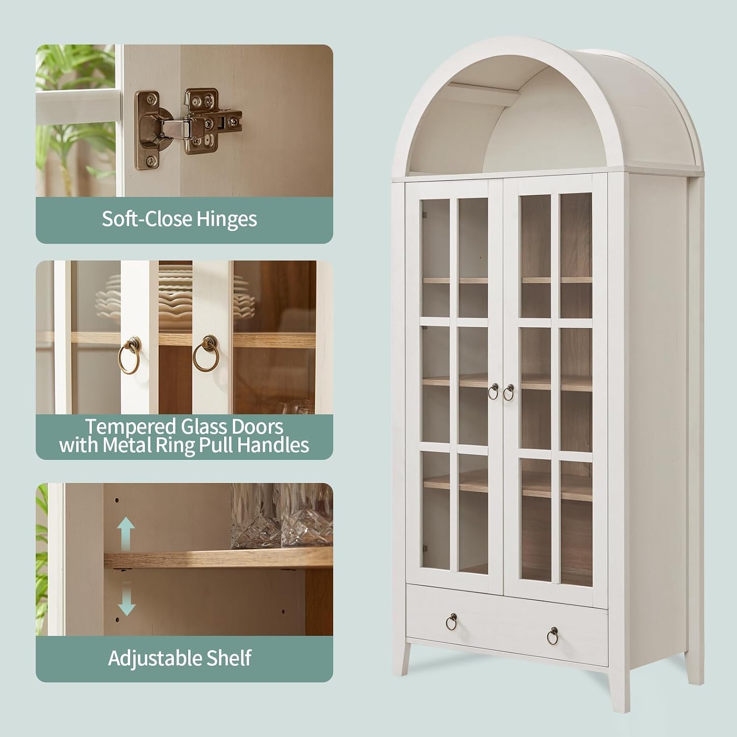 RowyPoey Farmhouse Arched Cabinet with Glass Doors, Wood Display Cabinet with Drawer and Adjustable Shelves, 71' Tall Bookshelf Modern Storage Kitchen Pantry for Living Room,Office (Antique White)