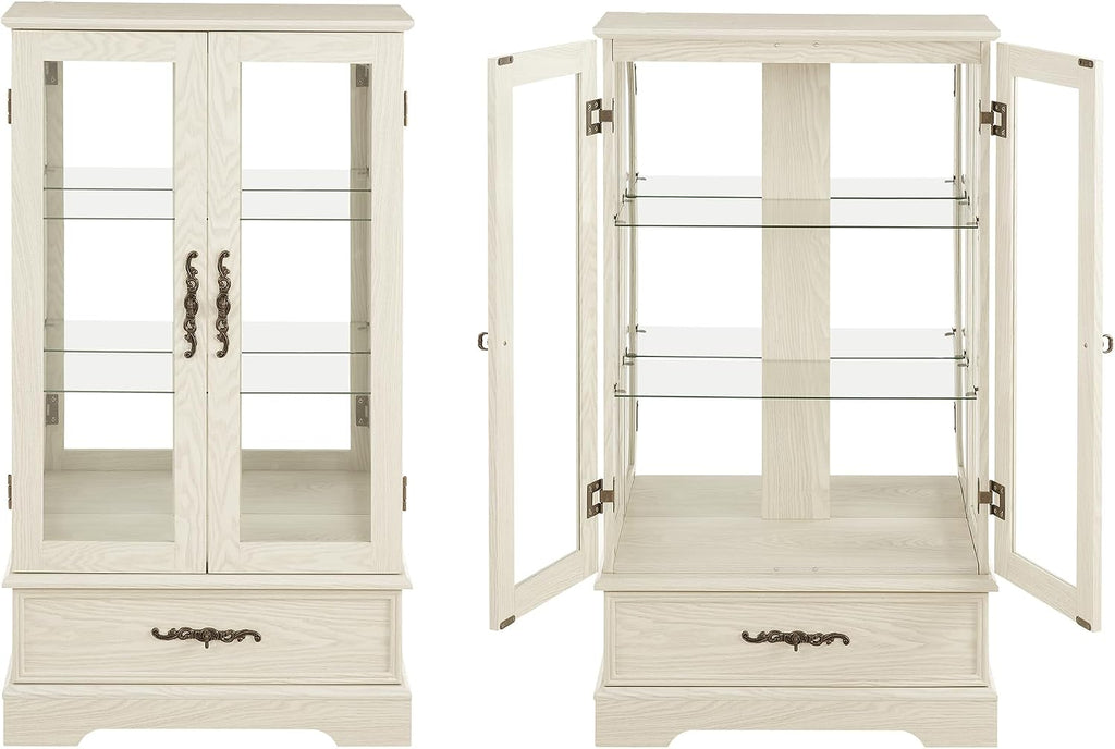 3-Tier Lighted Curio Display Cabinet, 47' H Glass Accent Storage Cabinet with Adjustable Glass Shelves & 1 Drawer, Wooden Wine Display Case with Mirrored Back Panel for Living Room (White)
