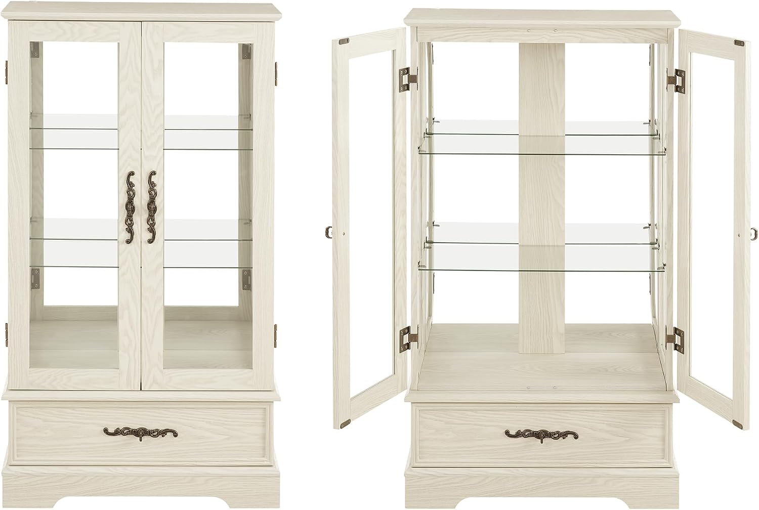 3-Tier Lighted Curio Display Cabinet, 47' H Glass Accent Storage Cabinet with Adjustable Glass Shelves & 1 Drawer, Wooden Wine Display Case with Mirrored Back Panel for Living Room (White)