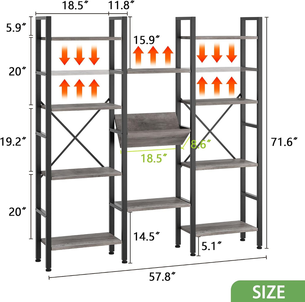 Triple Wide 4 Tier Bookcase, 11 Open Display Shelves, Free Standing, Adjustable Shelves for Home, Living Room, Bedroom, Grey