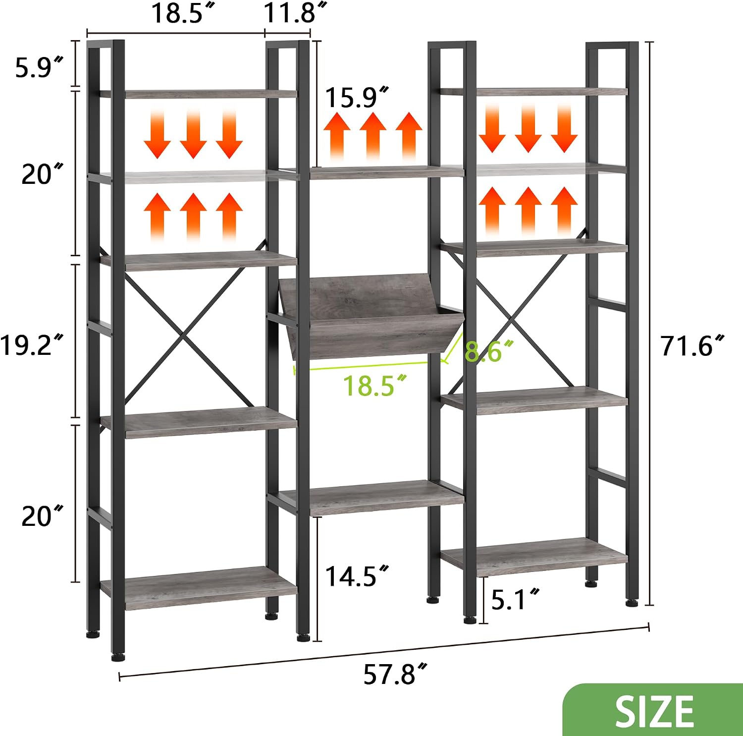 Triple Wide 4 Tier Bookcase, 11 Open Display Shelves, Free Standing, Adjustable Shelves for Home, Living Room, Bedroom, Grey