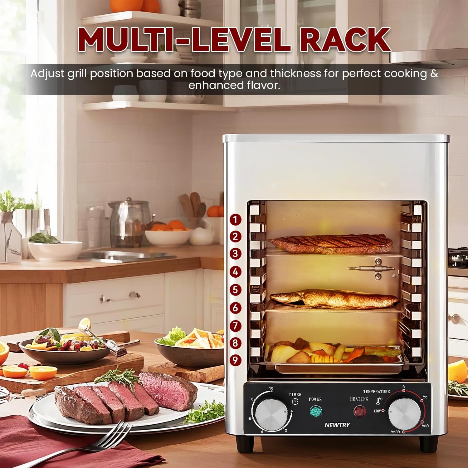 NEWTRY 1700W Electric Steak Broiler Indoor Steak Grill Automatic Steak Smoker Broiler Gas-Free Time Temperature Adjustable for Beef Chicken Vegetables 110V US