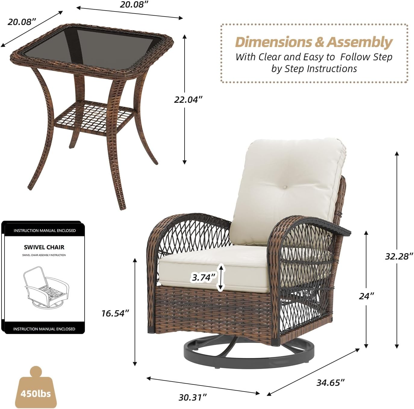 EROMMY 3 Pieces Patio Furniture Set, Outdoor Swivel Rocker Patio Chairs, Wicker Patio Bistro Set with Rocking Chair, Thickened Cushions and Glass Coffee Table for Backyard, Garden, Beige