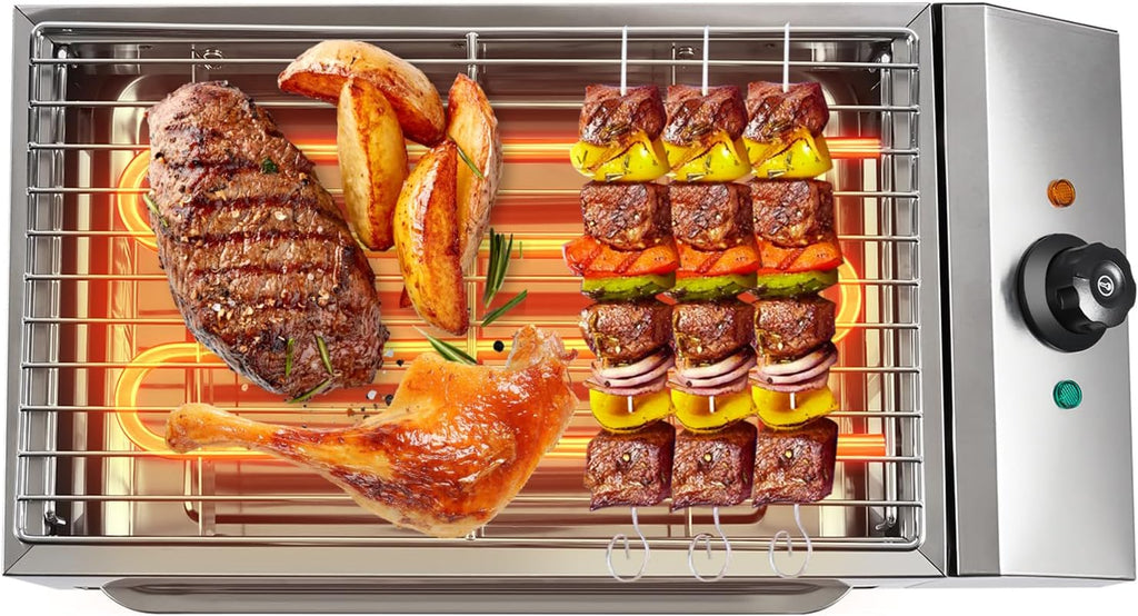 Electric Grill, 1800W Smokeless Indoor Countertop Grill with Adjustable Temperature and Removable Grill Rack, Stainless Steel for Family Gatherings and Camping