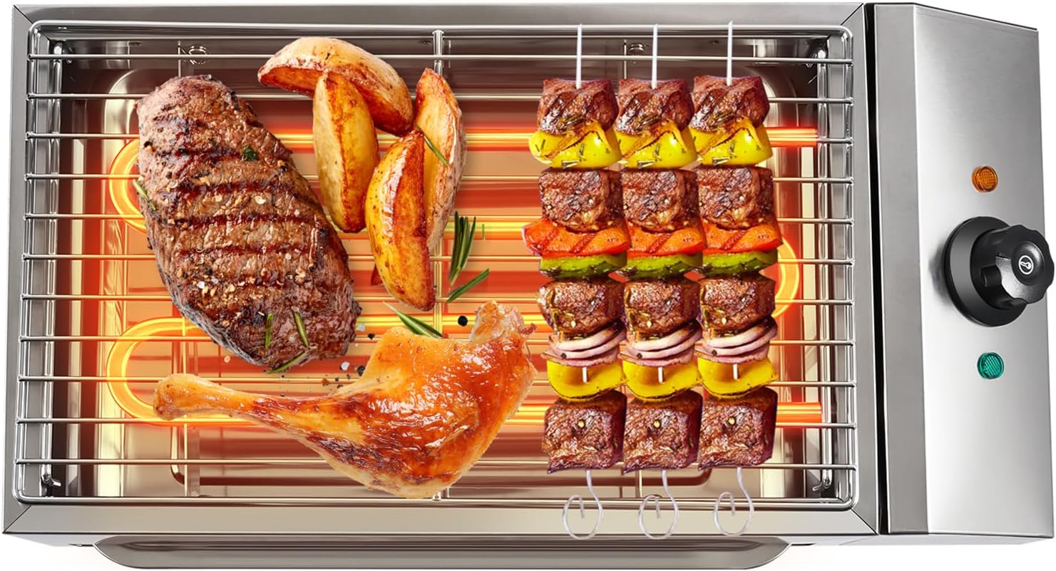 Electric Grill, 1800W Smokeless Indoor Countertop Grill with Adjustable Temperature and Removable Grill Rack, Stainless Steel for Family Gatherings and Camping