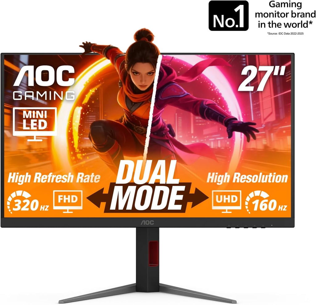 AOC 27 Inch 4K Gaming Monitor, Mini-LED IPS, 3840x2160 160Hz / FHD 320Hz, 1ms, HDMI 2.1, Display HDR 1000, G-SYNC Compatible, Height Adjustable Stand, USB Hub, U27G4XM