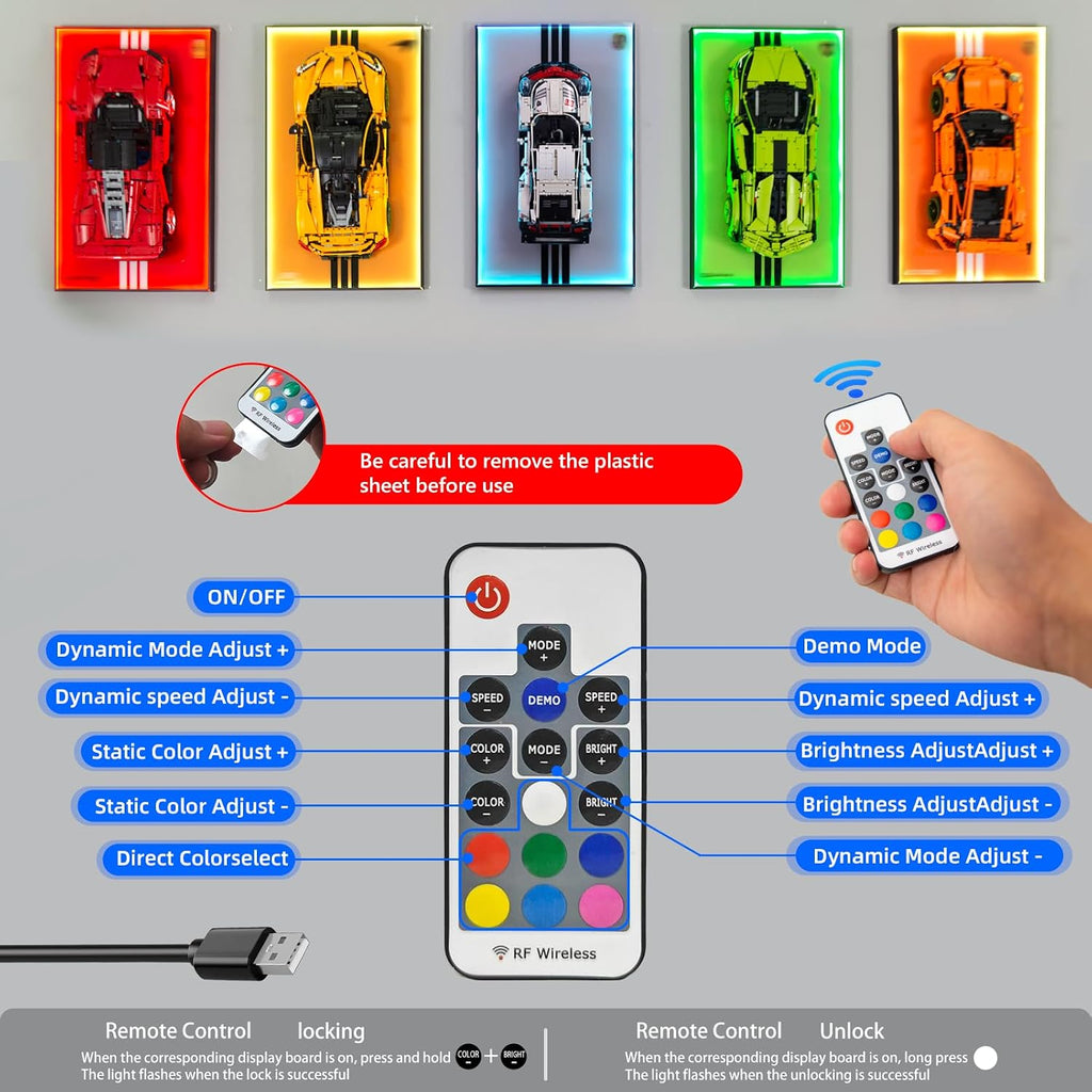 Display Wallboard with RGB LED Lights Compatible with Lego Technic Porsche 911 RSR Race Car Model Building Kit 42096 - Adult Collectibles Wall Mount for Home or Office Décor (No Car Included)