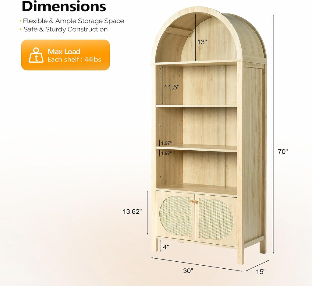 VINGLI Arched Display Cabinet (Oak Wood, 4 Shelves & 2 Doors)