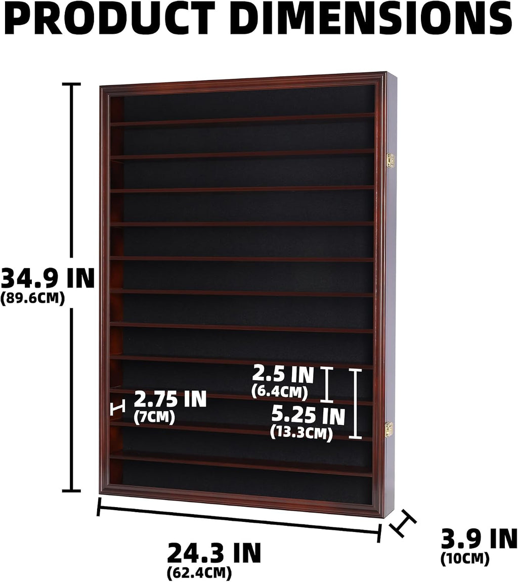 144 Shot Glass Shooter Display Case, Glass Collection Hollder Wall Mount Cabinet, UV Protection, Removable Shelves, Cherry Finish