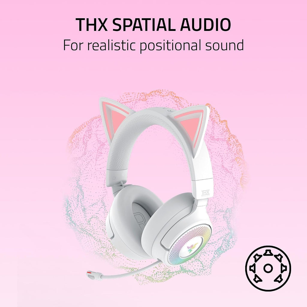 Razer Kraken Kitty V3 Pro Wireless RGB Gaming Headset: Chroma RGB Kitty Ears - 2.4 GHz, Bluetooth 5.3, USB A - Super Wideband Mic - 40mm Drivers - THX Spatial Audio - Comfortable Ear Cushions - White