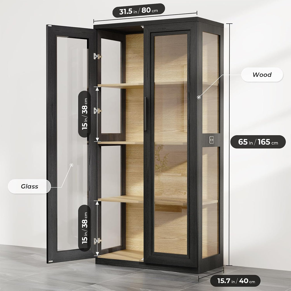 BROTTAR Curio Cabinet with Glass Doors, Bookcase with 4 Shelves, Display Cabinets for Collectibles, China Cabinet with 3 Color LED Lights and Human Body Sensing, Buffer Hinge, Black