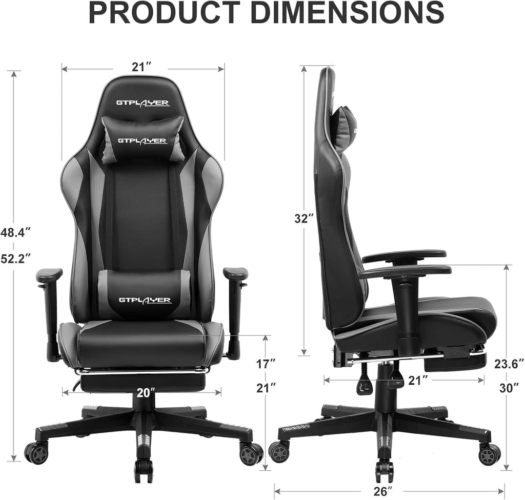 GTPLAYER Gaming Chair with Footrest, Ergonomic Computer Game Desk Chair, Reclining Gamer Chair Seat Height Adjustment, Swivel Rocker with Headrest and Lumbar (Gray)