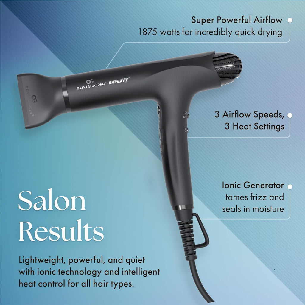 Olivia Garden 1875W SuperHP Professional Hair Dryer for All Hair Types - Quiet, Fast Drying Blow Dryer - Powerful Ionic Generator - 5 Attachments, Including 2 Comb and 1 Diffuser Attachments
