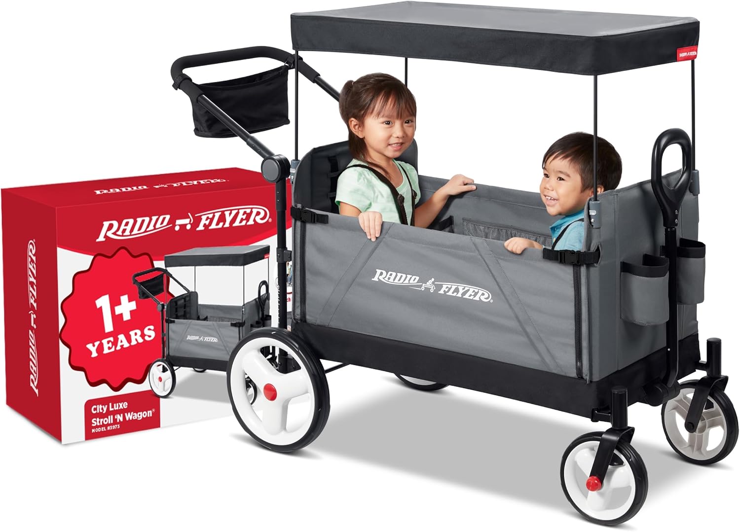 Radio Flyer City Luxe Stroll 'N Wagon, for Ages 1+, 3-in-1 Push or Pull, with Bench Mode, Easy Fold, UV Canopy, 5-Point Harnesses, Front Caster Wheels & 12' Rear Wheels, Stroller Wagon for Kids