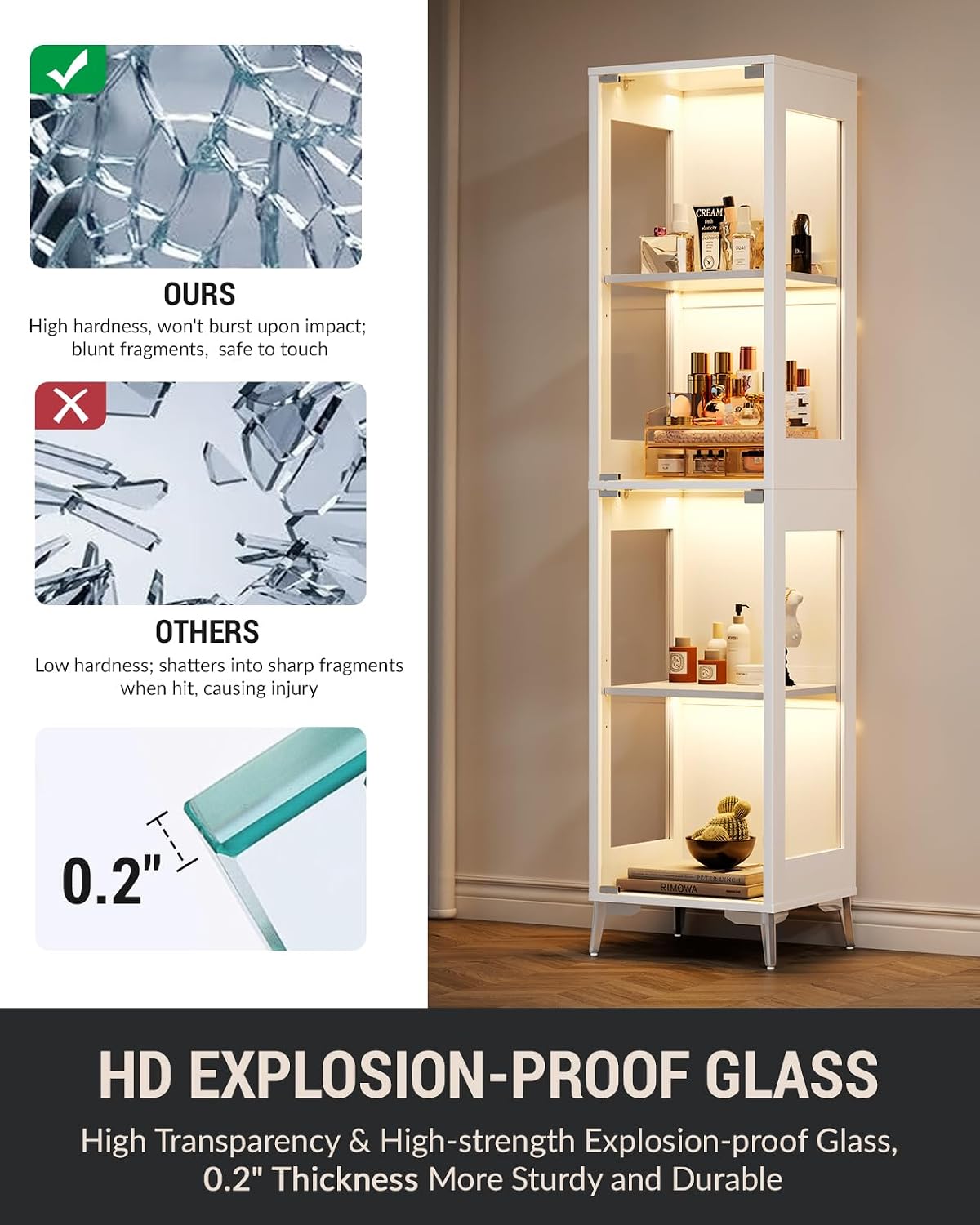 Glass Display Cabinet, 4-Tier Curio Cabinet, Adjustable Shelves, 60,000 Color Lights for Collectibles, Storage Cabinet with Door, Glass Display Case & Bookcase, App & Remote Control, White