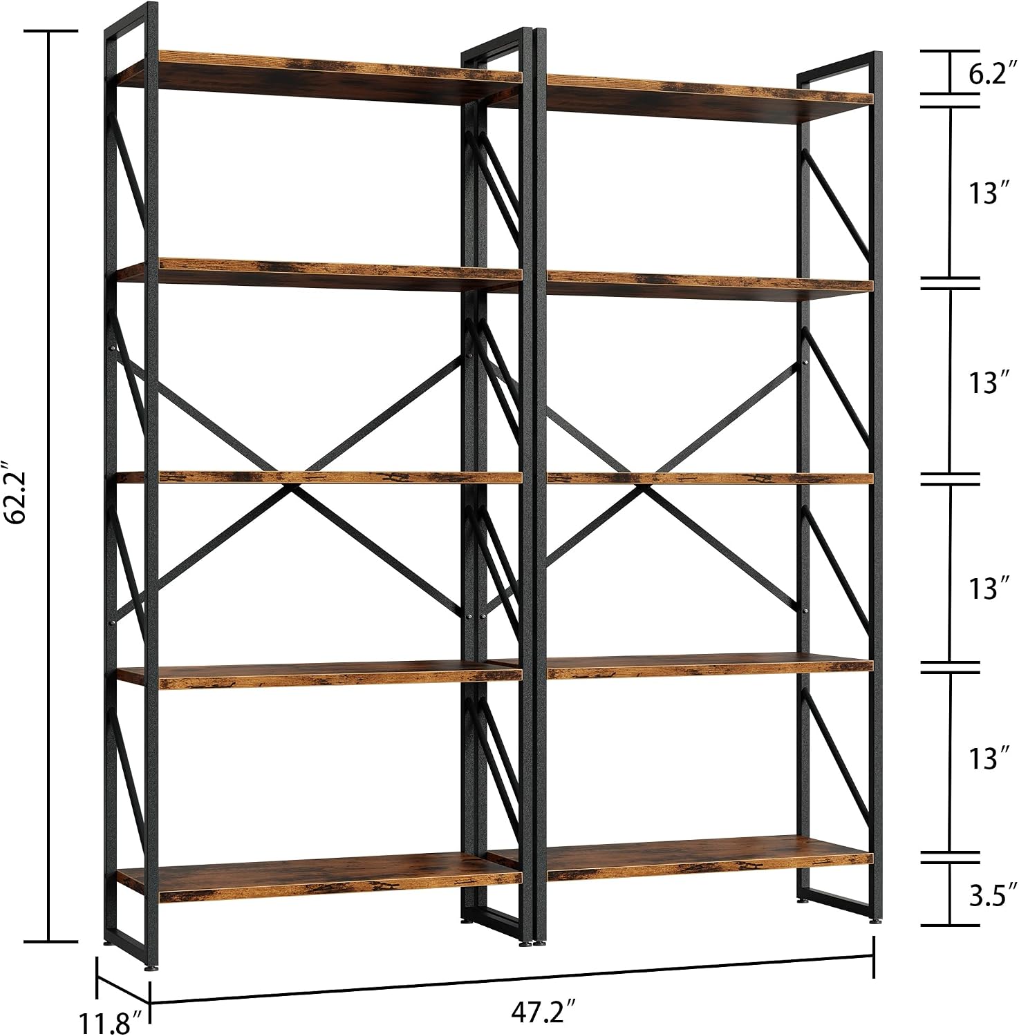 Shintenchi 2 Pieces 5 Tiers Bookshelf, Classically Tall Bookcase Shelf, Industrial Book Rack, Modern Book Holder in Bedroom/Living Room/Home/Office, Storage Rack Shelves for Books/Movies-Rustic Brown