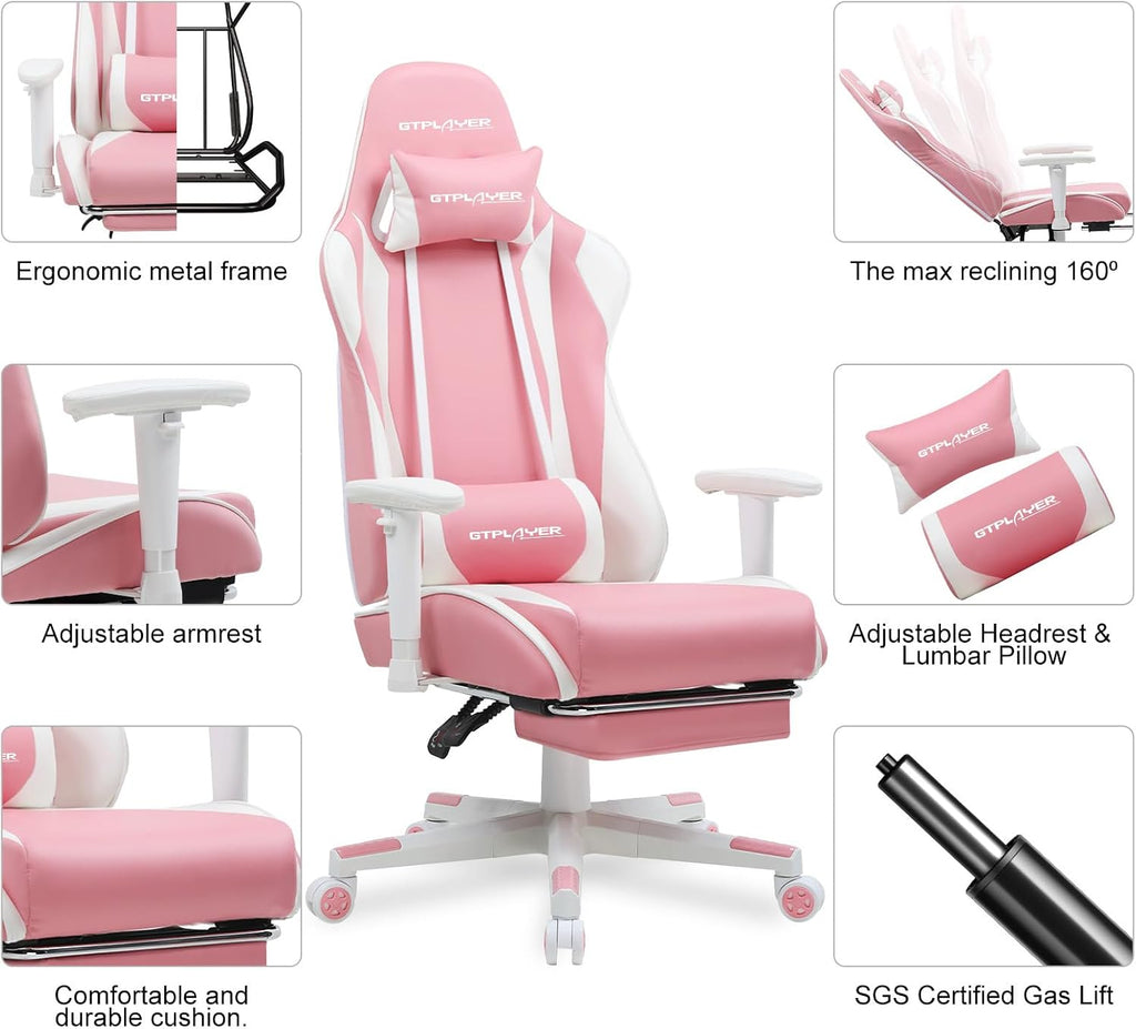 GTPLAYER Gaming Chair with Footrest, Ergonomic Computer Game Desk Chair, Reclining Gamer Chair Seat Height Adjustment, Swivel Rocker with Headrest and Lumbar (Pink)