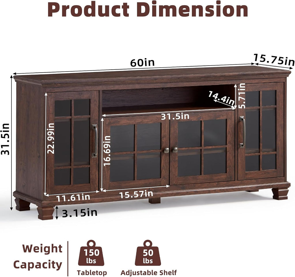 SAVOR LIFE Large Sideboard Buffet Cabinet with Storage, Vintage Walnut Farmhouse 60' Wide Credenza Accent Cabinets with Glass Doors & Wood Legs, Kitchen Coffee Bar Table for Dining Room, Living Room