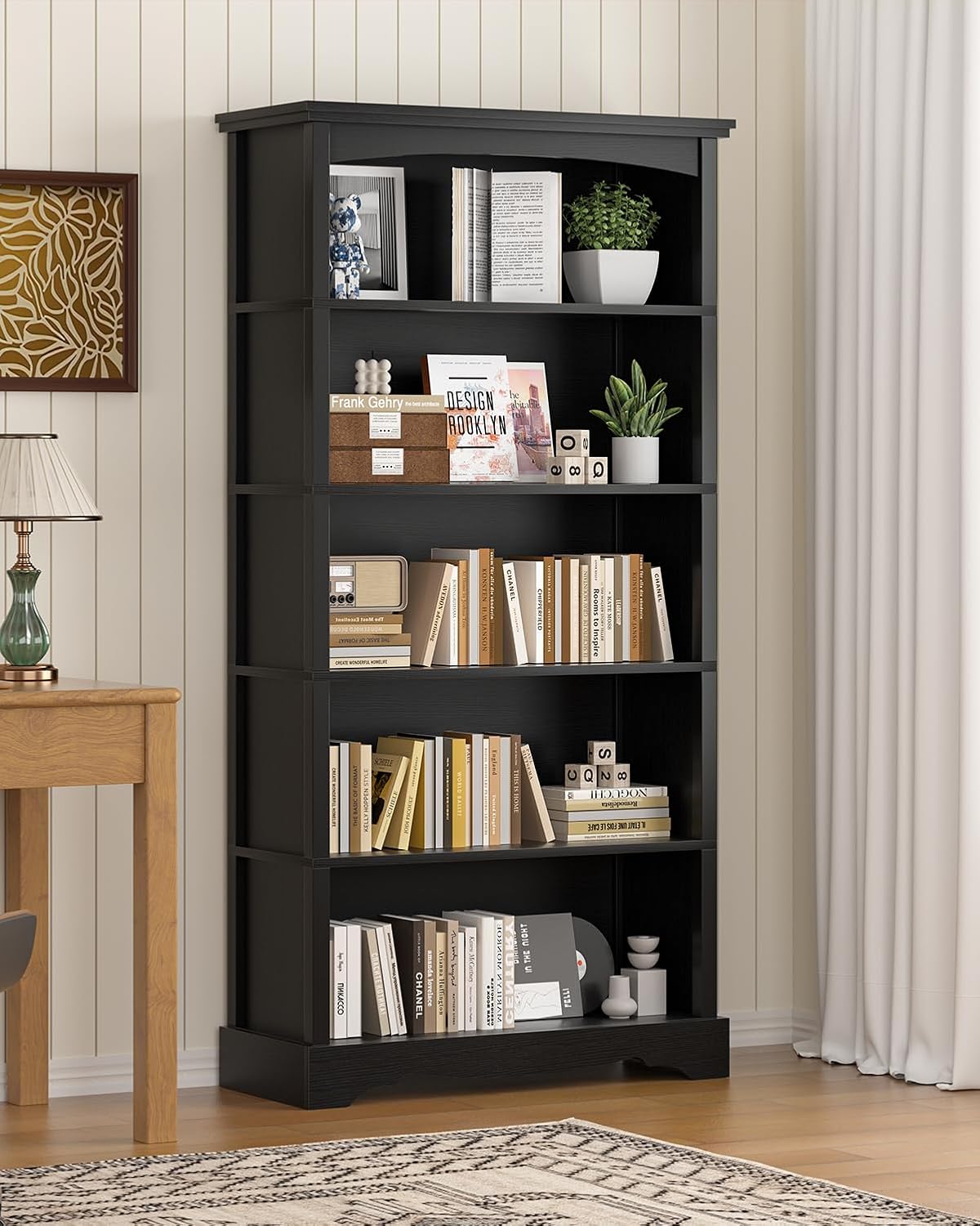 TVU 5-Tier Wooden Bookshelf, 31.5' W x 65' H ×9.9' D Bookshelf with Storage, Floor Standing Modern Style Display Bookcase for Living Room, Office, Study Room, Entryway, Black