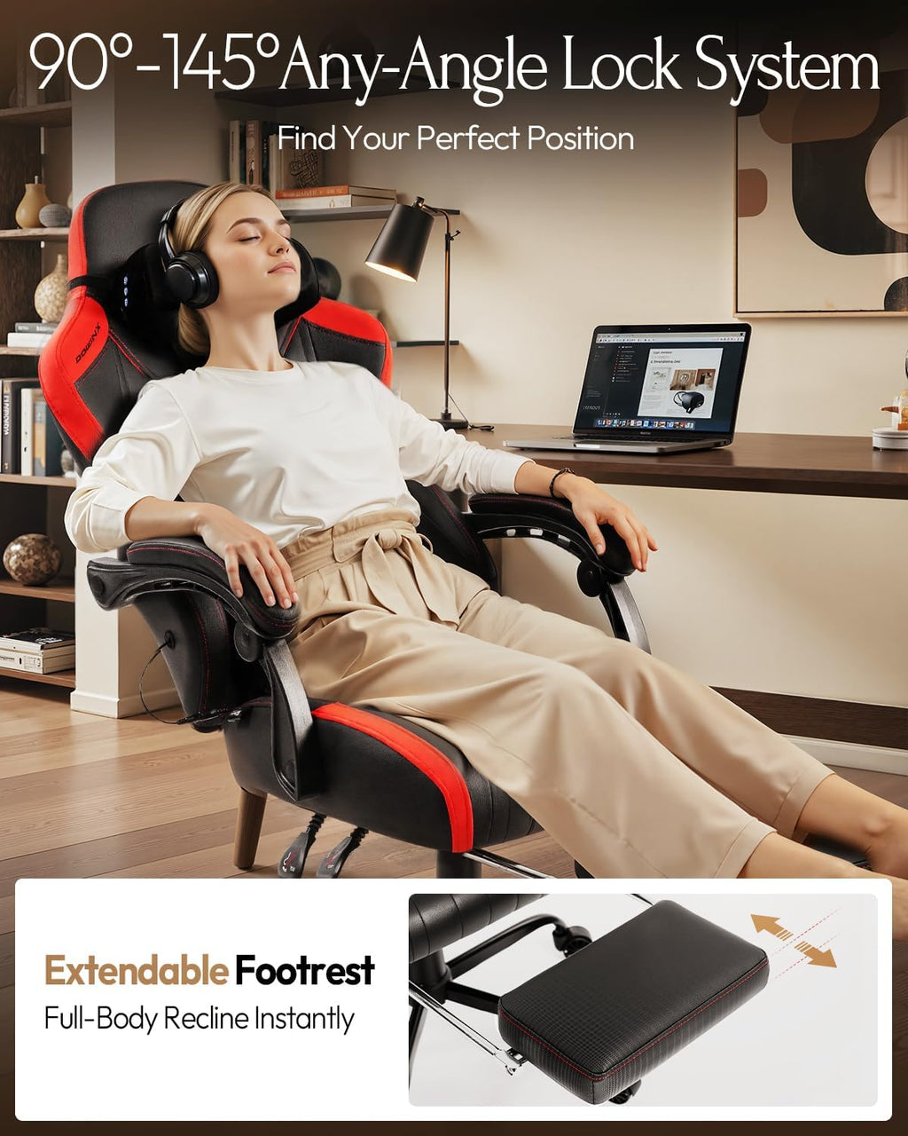 Dowinx Gaming Video Gaming Chair with Shiatsu Neck Massage and Lumbar Support for Home Office High Back Recliner Height Adjustable Ergonomic Comfy Leather Computer Desk Chair (Red)