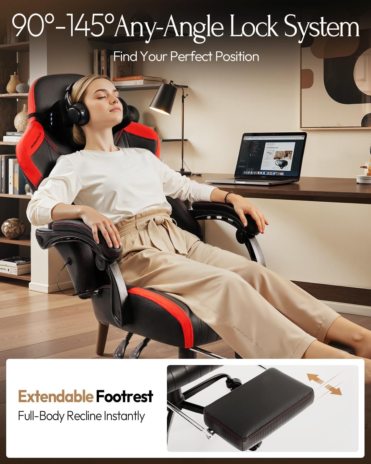 Dowinx Gaming Video Gaming Chair with Shiatsu Neck Massage and Lumbar Support for Home Office High Back Recliner Height Adjustable Ergonomic Comfy Leather Computer Desk Chair (Red)