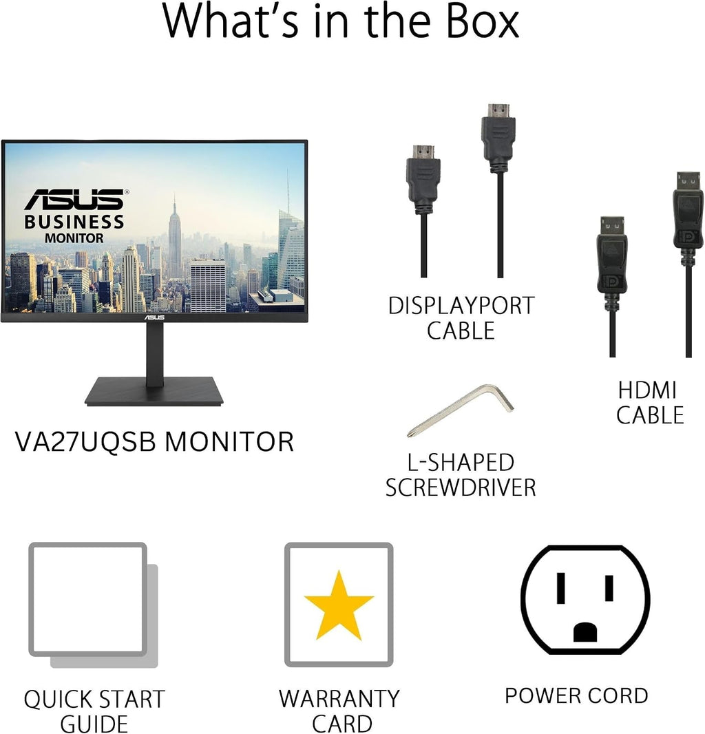 ASUS 27' 4K Business Monitor (VA27UQSB) - UHD (3840 x 2160), IPS, Frameless, HDR10, DisplayPort, Dual HDMI, Speakers, Eye Care, Ergonomic, pivot, swivel, height adjustable, DisplayWidget, 3yr warranty