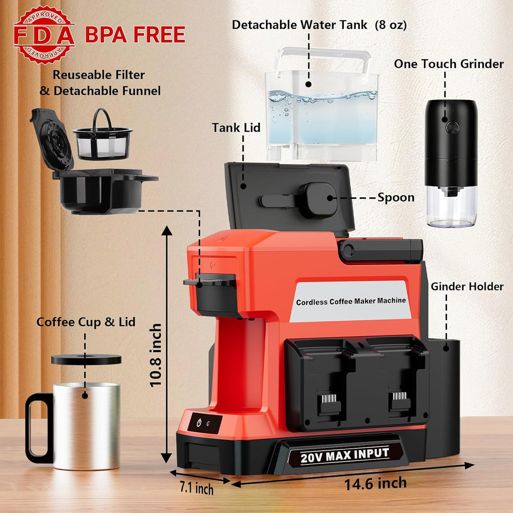 Cordless Coffee Maker for Milwaukee 18V Battery, 3 Brewing Options Drip Coffee Maker with Coffee Grinder, Portable Single Serve Coffee Makers for Camping, Travel, and Jobsite. (Tool Only)