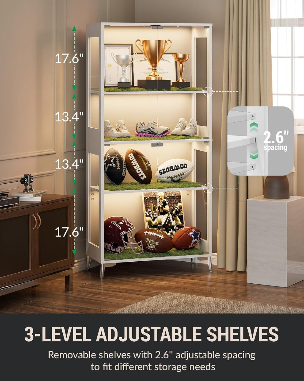 Display Cabinet with Glass Doors, 4-Tier Curio Cabinet, Adjustable Shelves, 60,000 Color Lights for Collectibles, Glass Display Case with App & Remote Control, Bookcase, Storage Cabinet, White