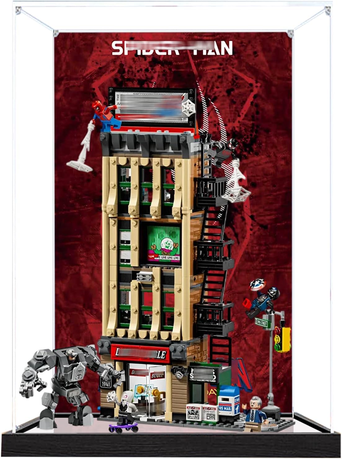 Acrylic Display Case for Lego 76342 The Daily Bugle Model, 3mm Dustproof Display Box, Display Case Compatible with Lego 76342(Model Not Included) (Background 3MM+Mirror A)