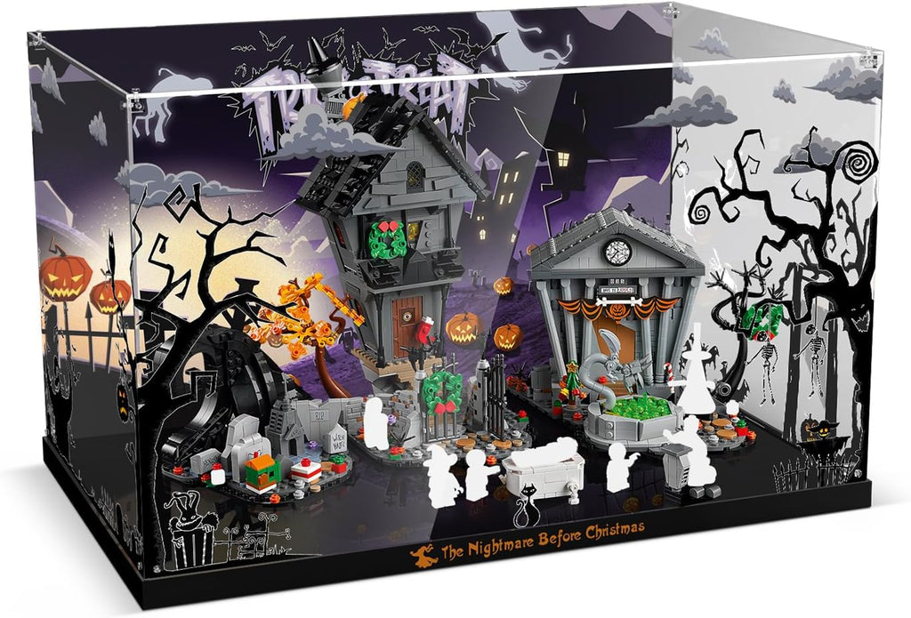 Display Case for 21351 Lego Disney Tim Burton's The Nightmare Before Christmas Building Set - Acrylic Box with Crystal Nut Design & Printed Background (Case Only, Model Not Included)