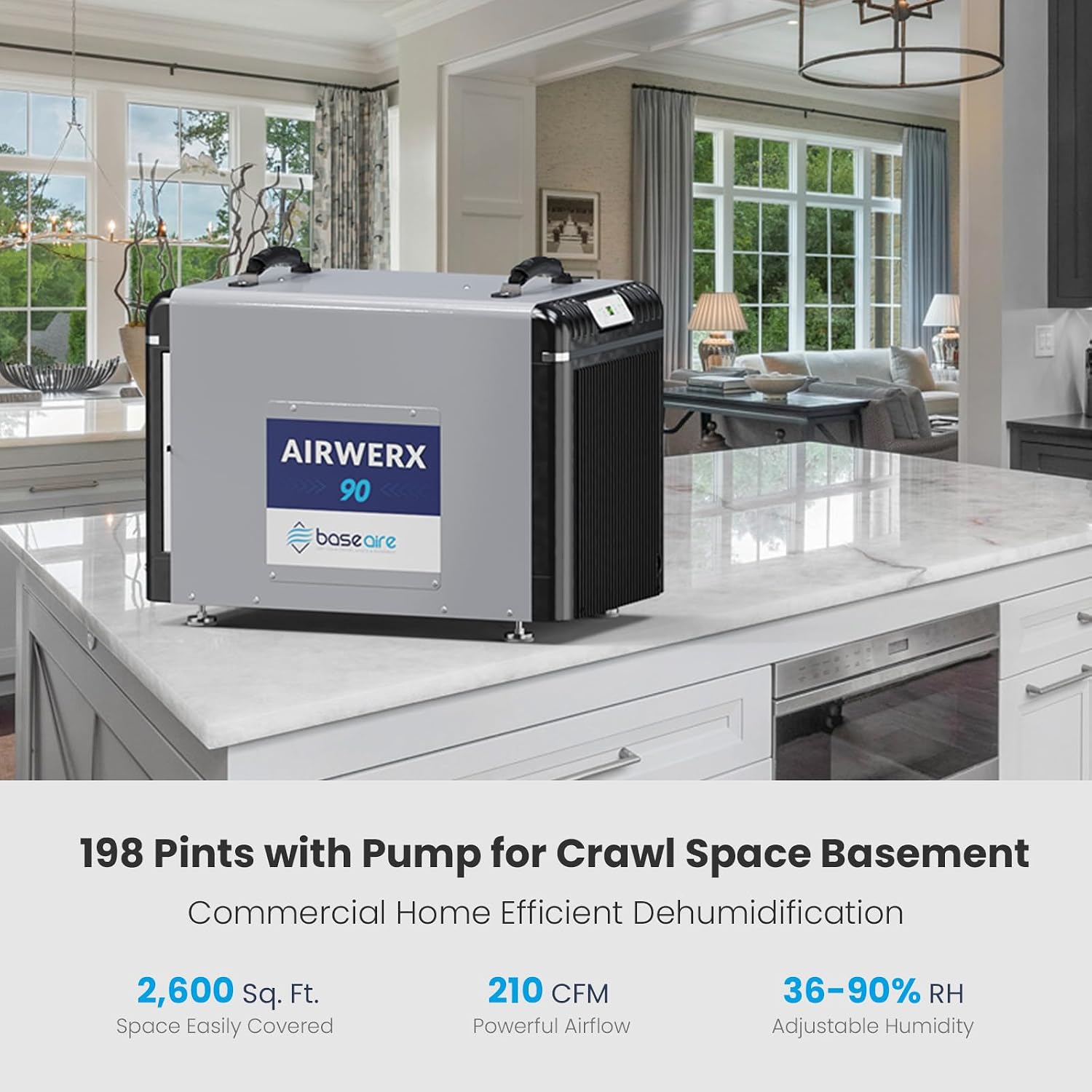 BASEAIRE 198 Pints Energy Star Crawl Space Commercial Dehumidifier, 5 Years Warranty, Large Industrial Water Damage Equipment for Basement, Garage and Job Sites, AirWerx 90