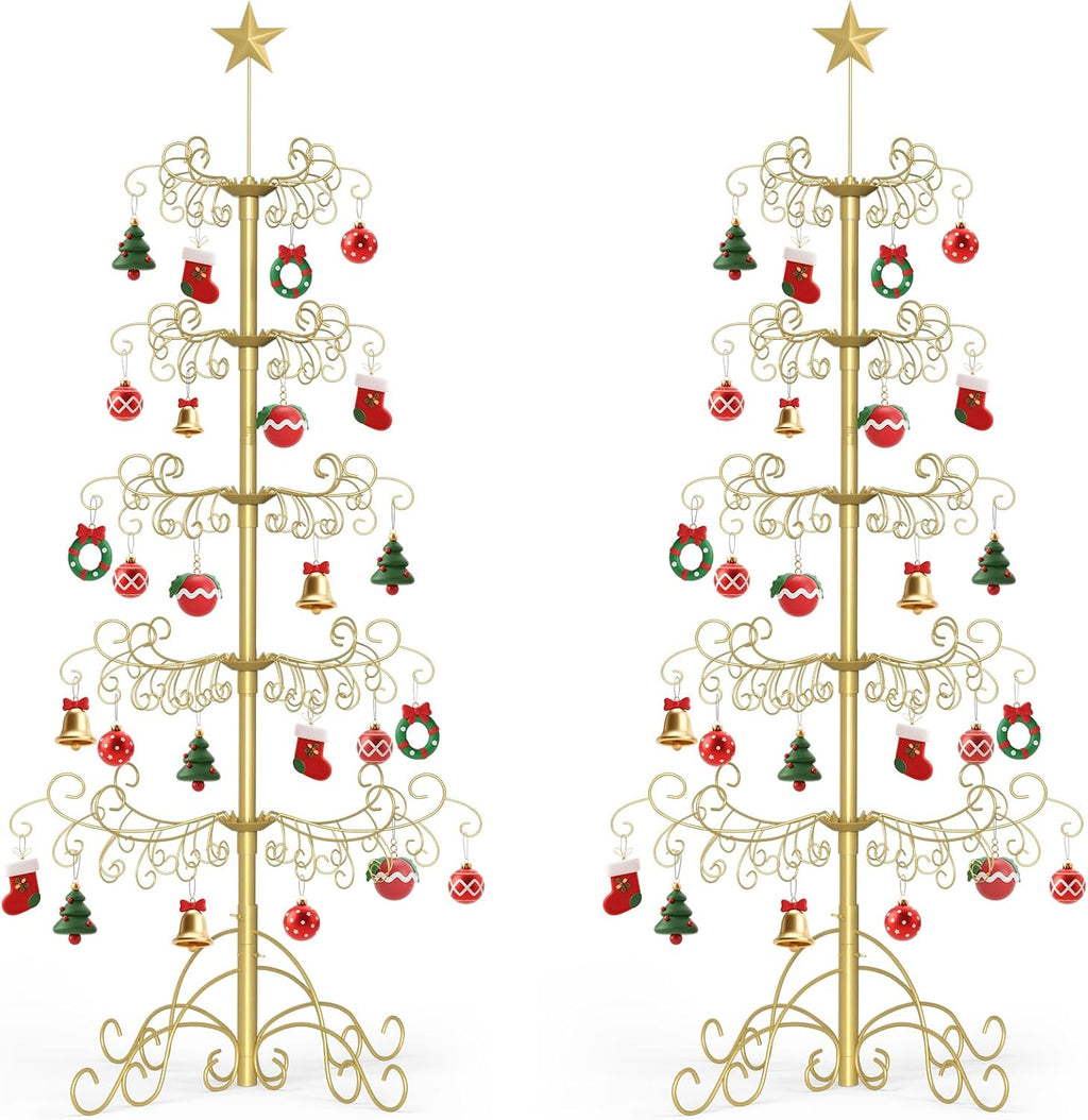 SUNYRISY 2Pack 6Ft Metal Ornament Display Stand Wrought Iron Christmas Tree with Wire Hanging Hooks for Holiday Christmas Halloween Balls Decoration Gift, Gold