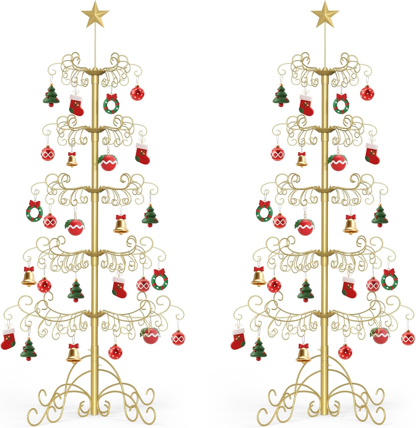 SUNYRISY 2Pack 6Ft Metal Ornament Display Stand Wrought Iron Christmas Tree with Wire Hanging Hooks for Holiday Christmas Halloween Balls Decoration Gift, Gold