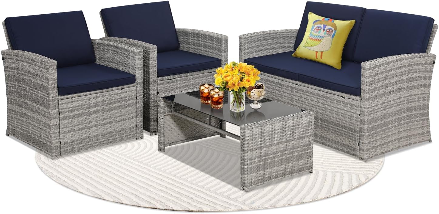 KROFEM 4-Piece Patio Furniture Set, Wicker Outdoor Rattan Sectional Sofa with Cushions and Glass Table, All-Weather Outdoor Conversation Set for Garden, Porch, Backyard, Patio, Blue