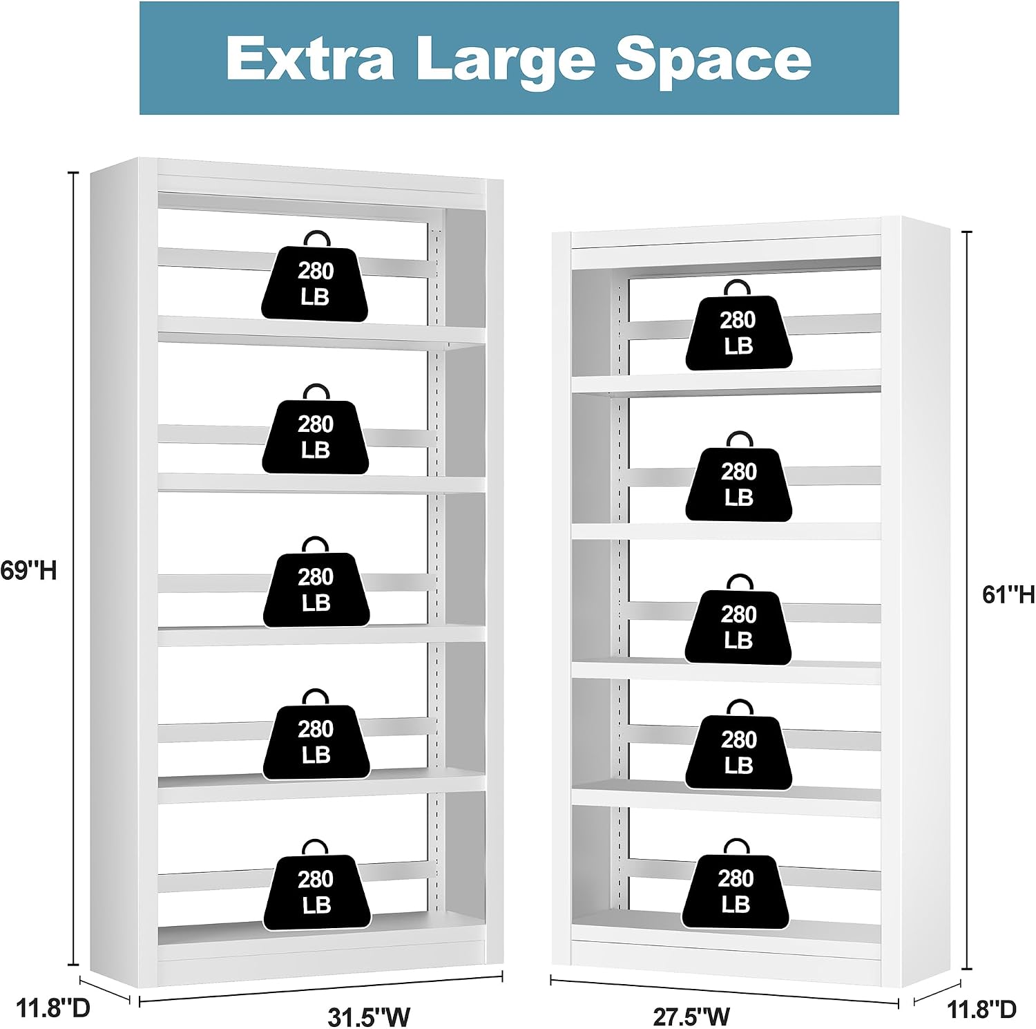 5 Tier White Bookshelf, 61' H Adjustable Bookshelf with Large Capacity, Suitable for Modern Storage Shelves in Living Rooms, Homes Offices, Garage, Sturdy Metal Bookshelf for Organizing