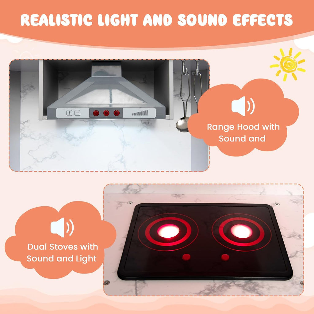 INFANS Kids Kitchen Playset with Real Running Water, Ultimate Wooden Corner Pretend Cooking Set with Simulation Light Sound Stove Storage Cabinet, Play Toy Gift