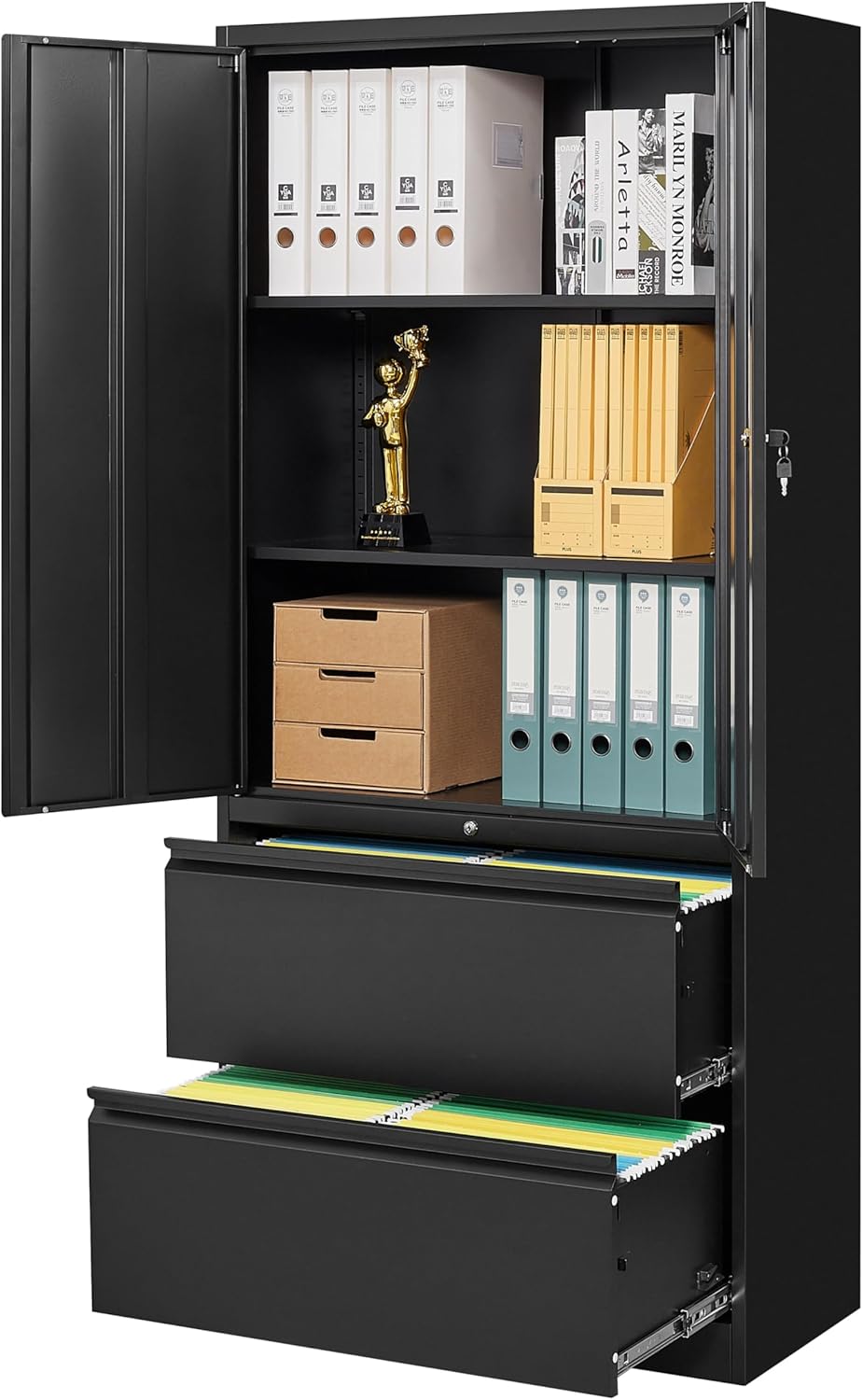 SISESOL Black Metal Storage Cabinet with Drawers and Lock,Locking Steel Storage Cabinet with Doors and Shelves,71' Office File Cabinets for Home Office,Warehouse,Garage,School (Black, 2 Drawers)
