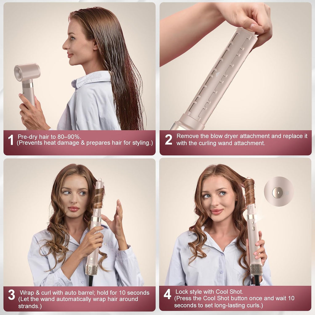 StyleVibe 8-in-1 Air Styler, Hair Dryer & Blow Dryer Brush with Travel Case - Auto Wrap Curls (L/R), Fast Drying, Thermal Round Brush for Smooth Blowouts & Frizz-Free Volume, No Heat Damage