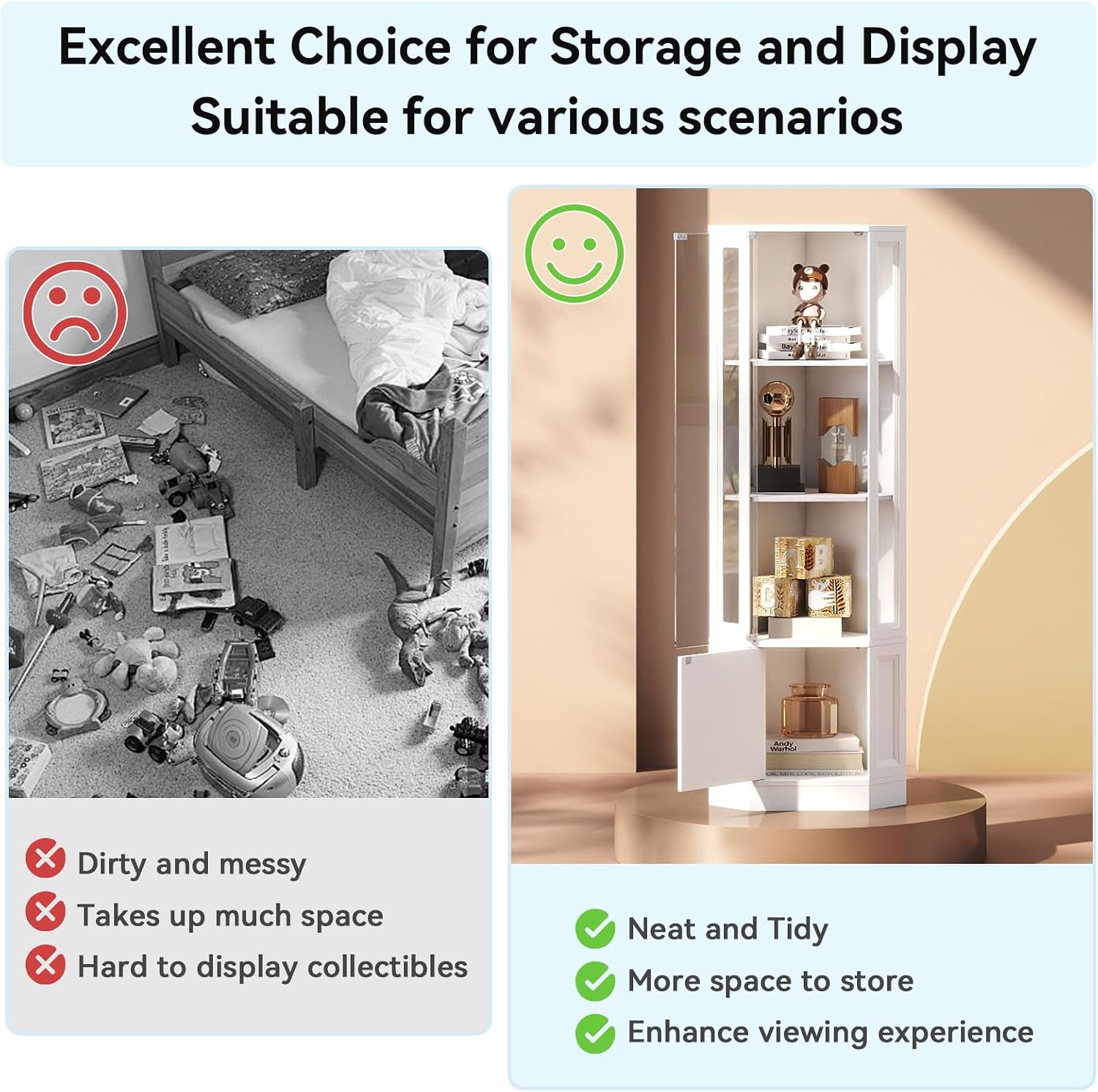Verano Garden Corner Display Cabinet with Glass Doors, 65' Curio Cabinet w/Multi-Color LED Lights, 4-Tier Lighted Storage Display Case for Collectibles, Showcase Cabinet for Living/Game Room (White)