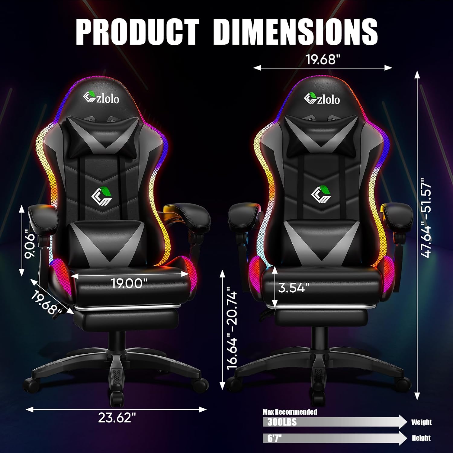 Czlolo Gaming Chair, Racing Style RGB LED Lights Gaming Chairs for Adults and Kids, Lumbar Massager Gamer Chair, High Back Reclining Computer Chair with Footrest and Headrest (Black/Gray)
