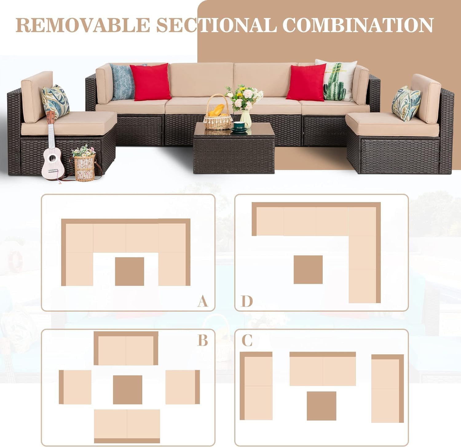Vongrasig 7 Pieces Patio Furniture Sets, Outdoor Patio Conversation Set PE Rattan Wicker Sectional Sofa Couch with Glass Coffee Table for Garden, Poolside, Backyard, Beige