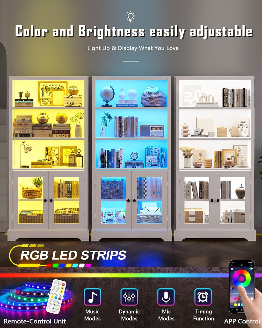 TVU 5-Tier Bookshelf, 65' Bookshelf with Multi-Color Ambient Lights (APP Remote Control), Tall Vertical Display Shelf with Cabinet Doors, Suitable for Living Room, Bedroom, Study, Office, White