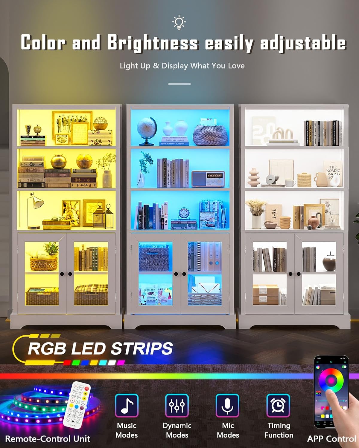 TVU 5-Tier Bookshelf, 65' Bookshelf with Multi-Color Ambient Lights (APP Remote Control), Tall Vertical Display Shelf with Cabinet Doors, Suitable for Living Room, Bedroom, Study, Office, White