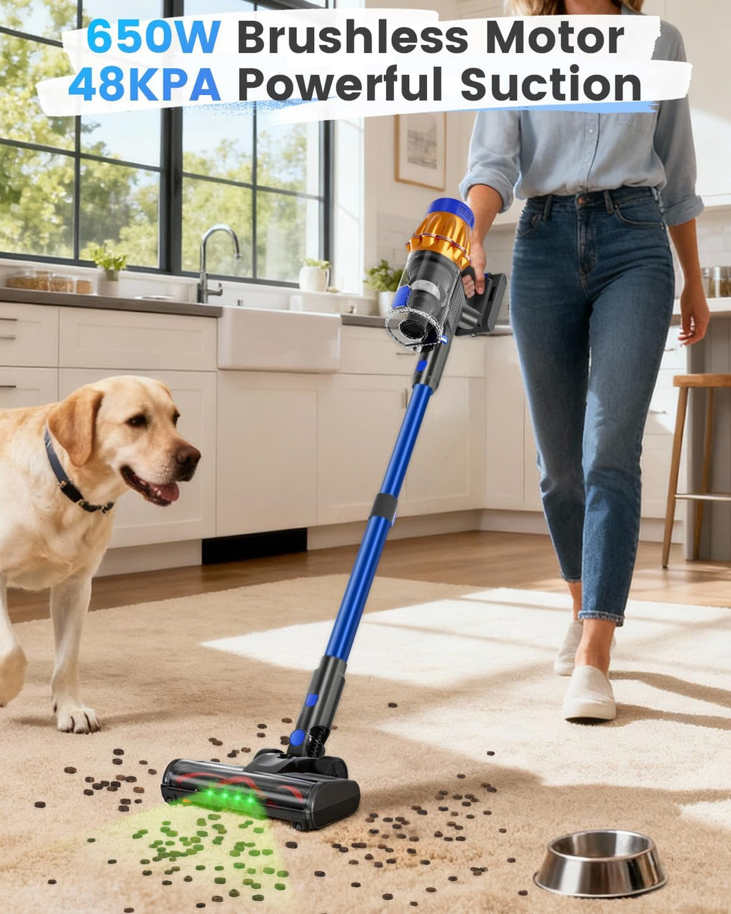 Cordless Vacuum Cleaner, 650W 48KPA 60Min Wireless Vacuum for Home，Stick Vacuum with Green Light Anti-Tangle, Rechargeable Vacuum Cleaners for Pet Hair Carpet Hard Floors (Blue)