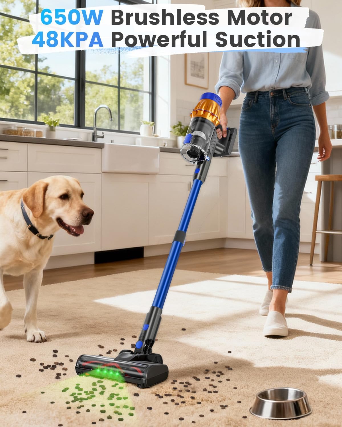 Cordless Vacuum Cleaner, 650W 48KPA 60Min Wireless Vacuum for Home，Stick Vacuum with Green Light Anti-Tangle, Rechargeable Vacuum Cleaners for Pet Hair Carpet Hard Floors (Blue)
