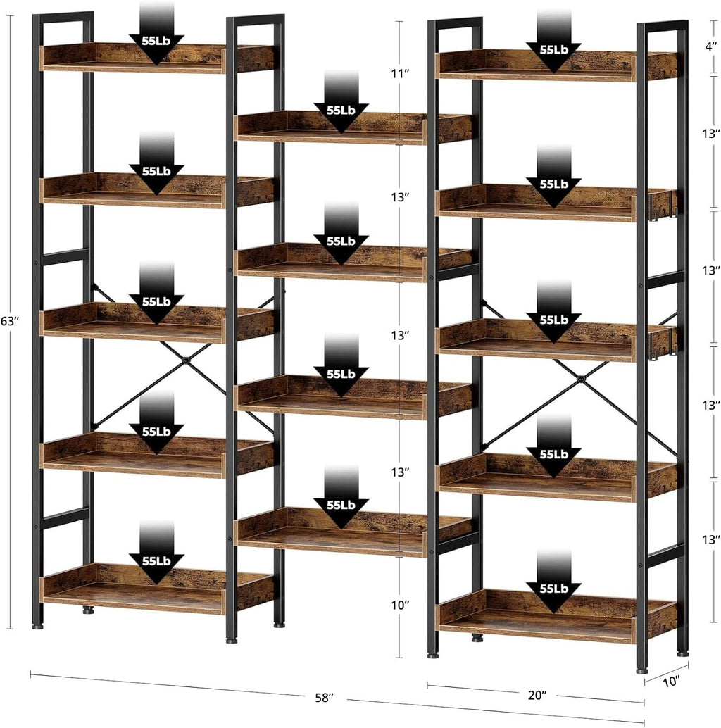 Rolanstar Bookshelf 5 Tiers, Triple Bookcase with Open Display Shelves, Industrial Wide Bookshelf with Metal Frame for Living Room, Office, Rustic Brown