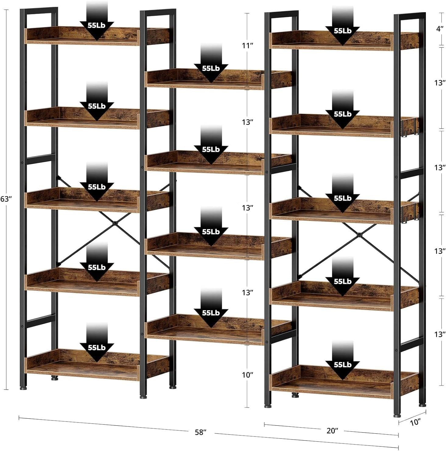 Rolanstar Bookshelf 5 Tiers, Triple Bookcase with Open Display Shelves, Industrial Wide Bookshelf with Metal Frame for Living Room, Office, Rustic Brown