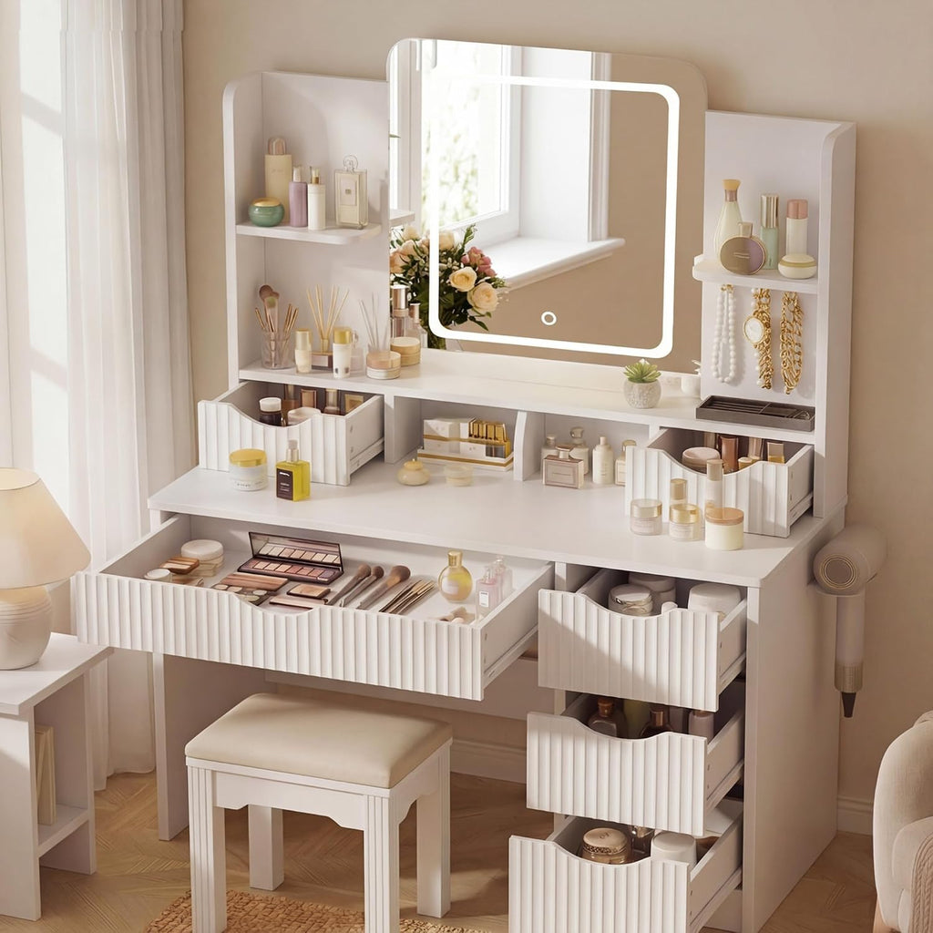Vanity Desk with Mirror and Lights, Makeup Vanity Table with Large 6 Drawers Modern Fluted Wooden Dressing Table with Jewelry Hook 3 Color Modes Adjustable LED Mirror for Women Girls Bedroom or Dorm