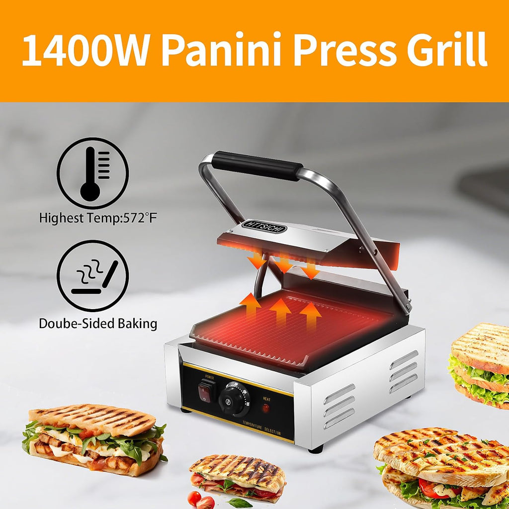 Commercial Panini Press - 1800W Commercial Electric Panini Sandwich Grill w/Nonstick Coating & Adjustable Temp, Panini Grill Press w/ 9' x 9' Cooking Pan, Double-sided Heating